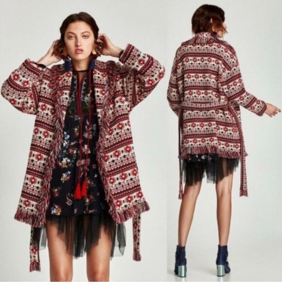 Zara Jacquard Fringe Aztec Print Jacket - Picture 4 of 11